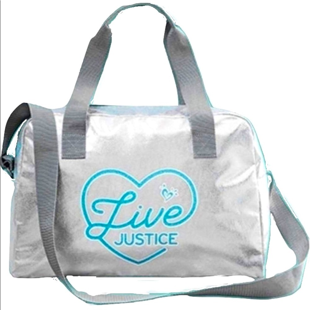 JUSTICE LIVE Silver Duffel Tote Bag Gymnastics Dance Cheer Girl NWT